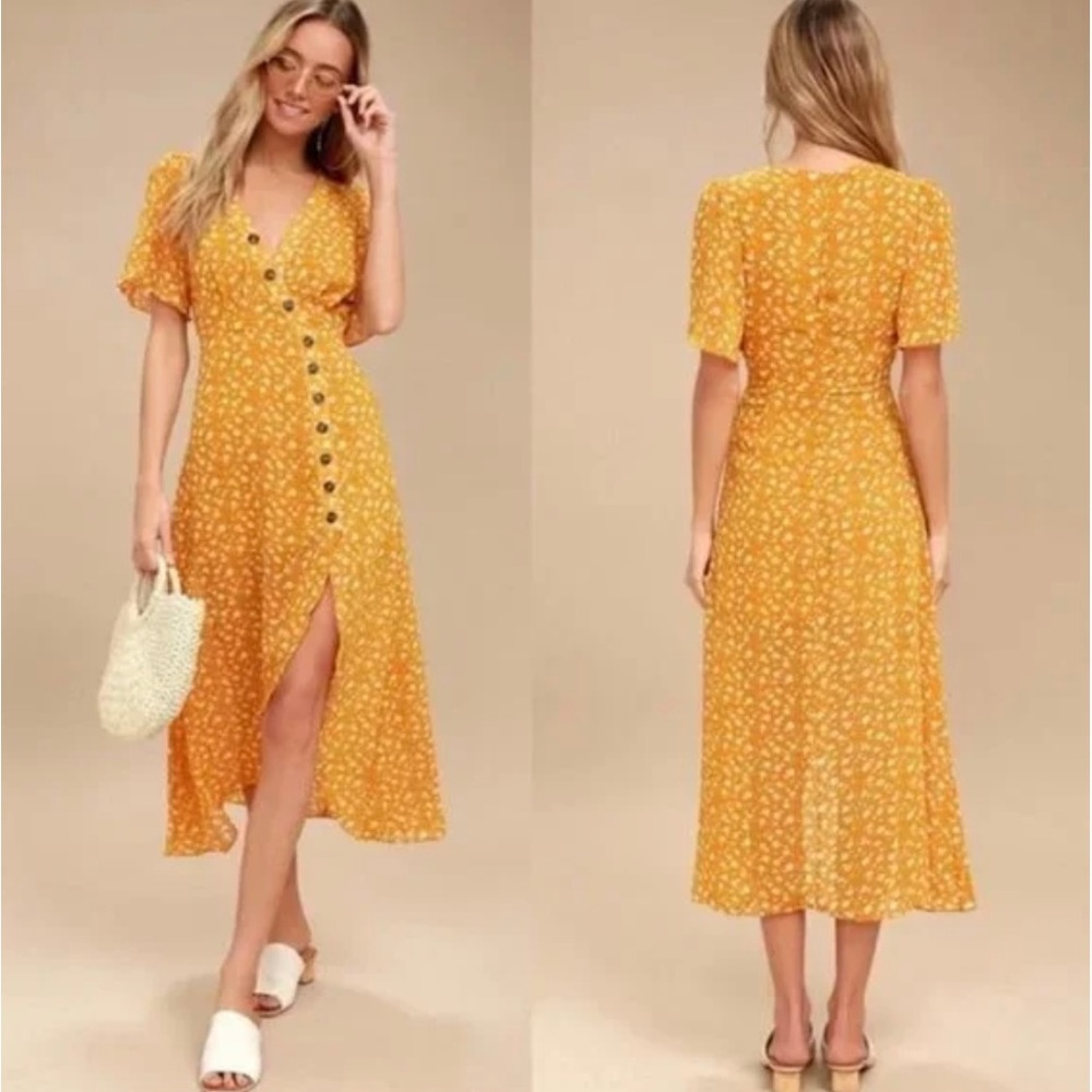 Lulus after bloom delight golden yellow floral print midi dress XS